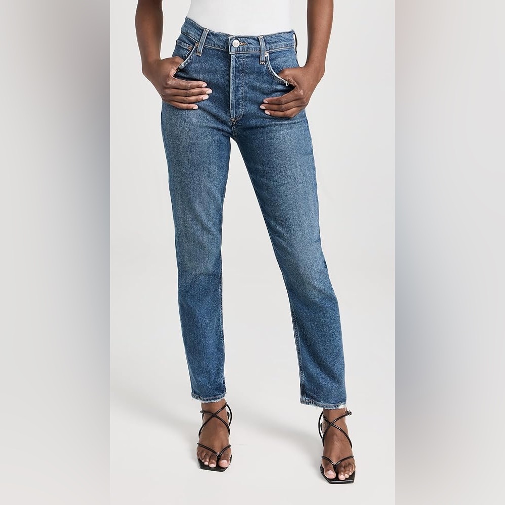 Agolde Jeans  Riley Long Straight Fray Hem Button Fly Denim